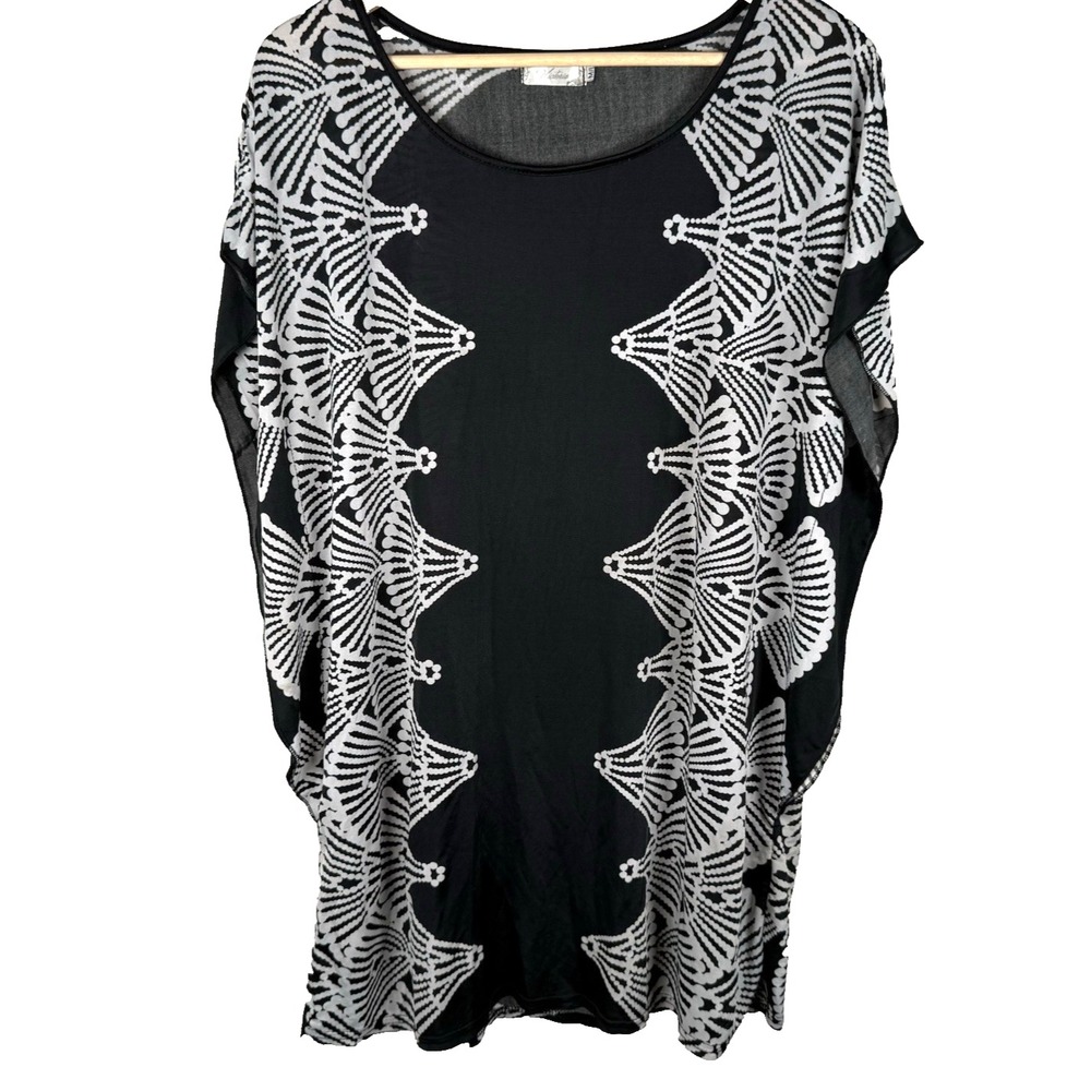 Victoria Kaftan Dress Poncho Shrug Coverup Black White Womens Sz M/L‎ NEW